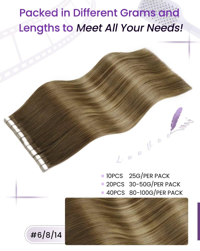 LaaVoo Tape in Extensions Human Hair Ombre Tape in Hair Extensions Light Brown to Golden Brown Hair Extensions Tape on Real Human Hair Invisible 18inch 20pcs 50g - Image 3